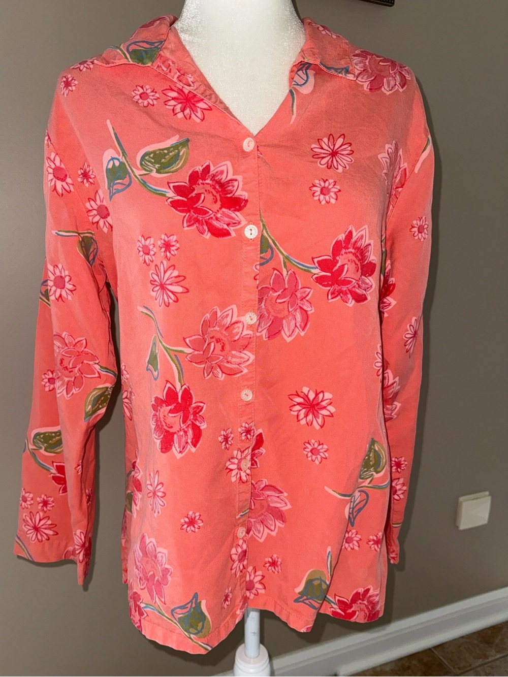 Women's Fresh Produce Coral Floral Button-Up Shirt, Tencel, Size Medium